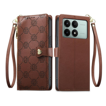 For Redmi K70E / Poco X6 Pro Zipper Wallet Heart Buckle Vegan Leather Phone Case with Wrist Strap(Brown)