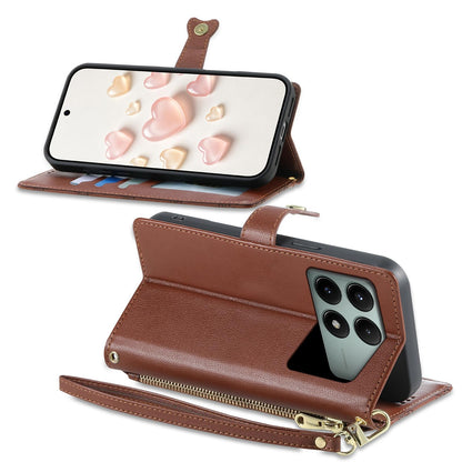 For Redmi K70E / Poco X6 Pro Zipper Wallet Heart Buckle Vegan Leather Phone Case with Wrist Strap(Brown)