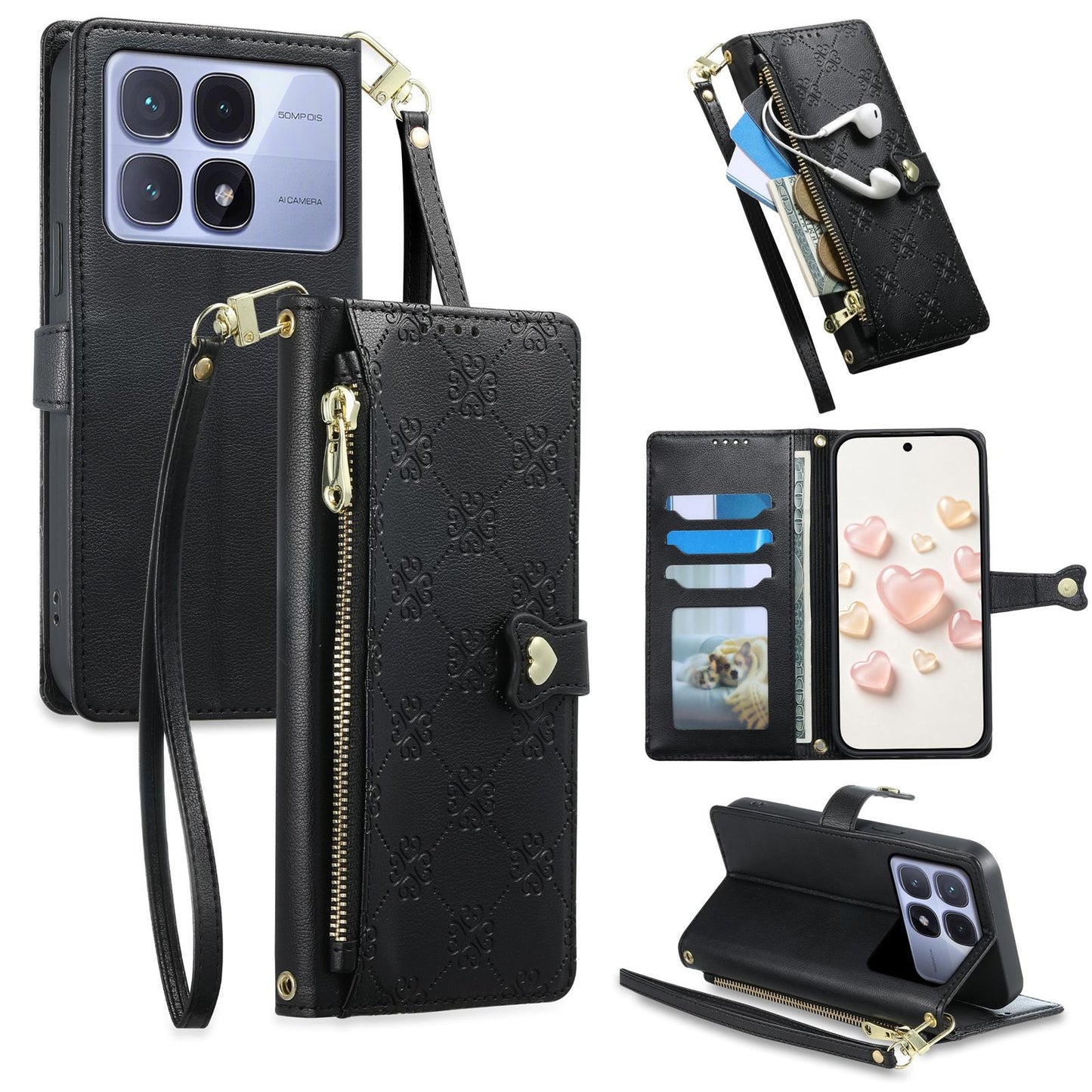 For Redmi K70 Ultra Zipper Wallet Heart Buckle Vegan Leather Phone Case with Wrist Strap(Black)