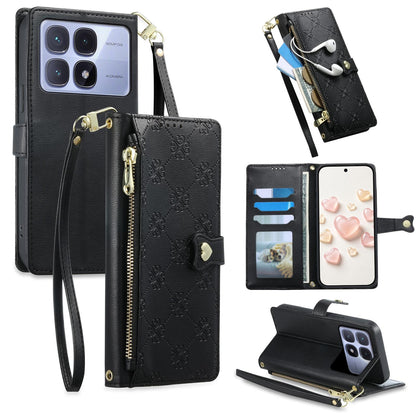 For Redmi K70 Ultra Zipper Wallet Heart Buckle Vegan Leather Phone Case with Wrist Strap(Black)