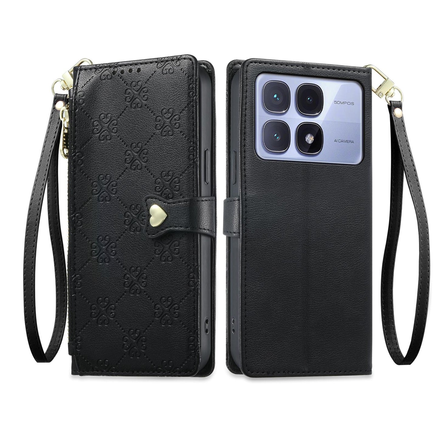 For Redmi K70 Ultra Zipper Wallet Heart Buckle Vegan Leather Phone Case with Wrist Strap(Black)