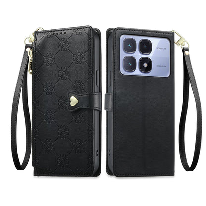 For Redmi K70 Ultra Zipper Wallet Heart Buckle Vegan Leather Phone Case with Wrist Strap(Black)