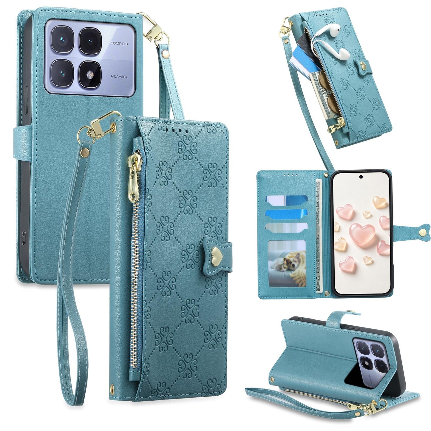 For Redmi K70 Ultra Zipper Wallet Heart Buckle Vegan Leather Phone Case with Wrist Strap(Lake Blue)