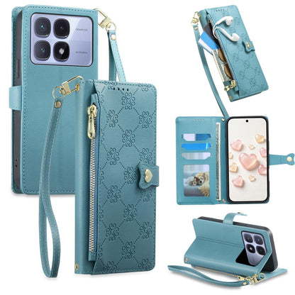 For Redmi K70 Ultra Zipper Wallet Heart Buckle Vegan Leather Phone Case with Wrist Strap(Lake Blue)