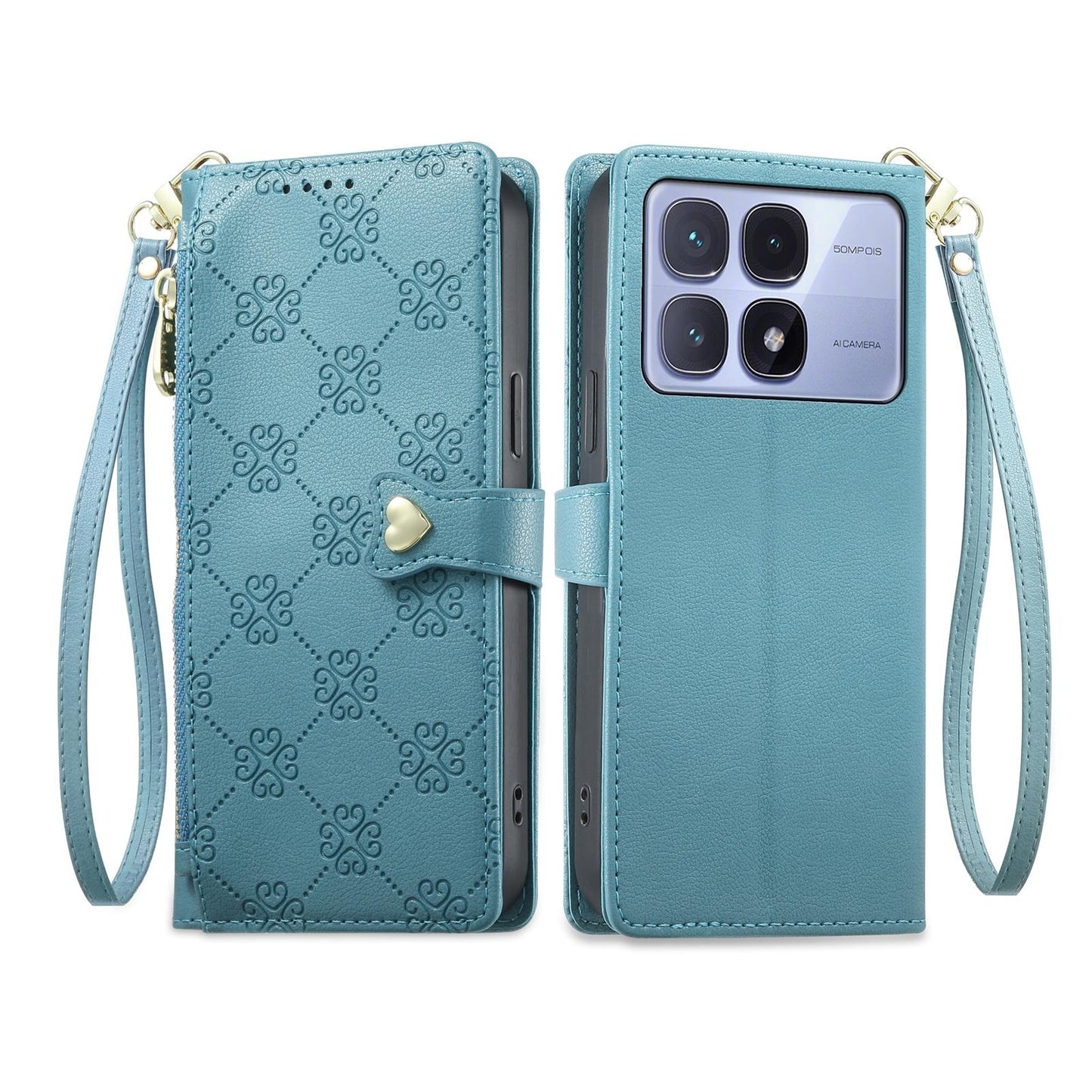 For Redmi K70 Ultra Zipper Wallet Heart Buckle Vegan Leather Phone Case with Wrist Strap(Lake Blue)