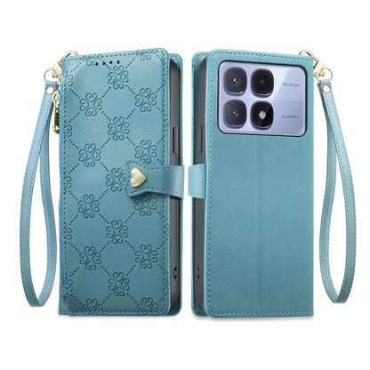 For Redmi K70 Ultra Zipper Wallet Heart Buckle Vegan Leather Phone Case with Wrist Strap(Lake Blue)