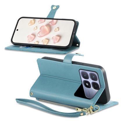 For Redmi K70 Ultra Zipper Wallet Heart Buckle Vegan Leather Phone Case with Wrist Strap(Lake Blue)