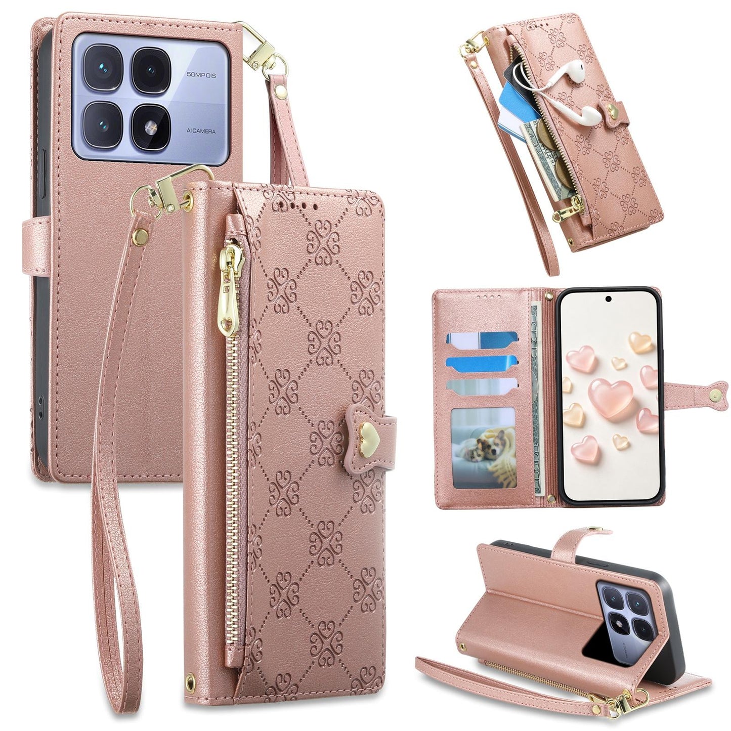 For Redmi K70 Ultra Zipper Wallet Heart Buckle Vegan Leather Phone Case with Wrist Strap(Pink)