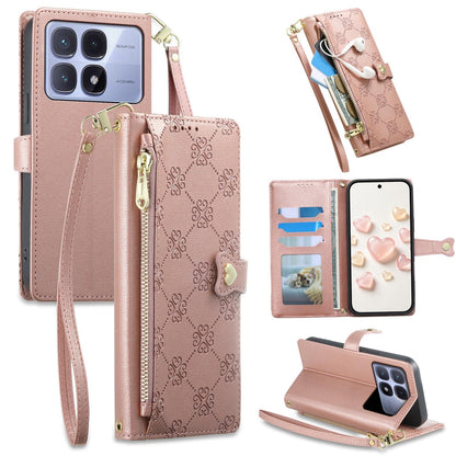For Redmi K70 Ultra Zipper Wallet Heart Buckle Vegan Leather Phone Case with Wrist Strap(Pink)