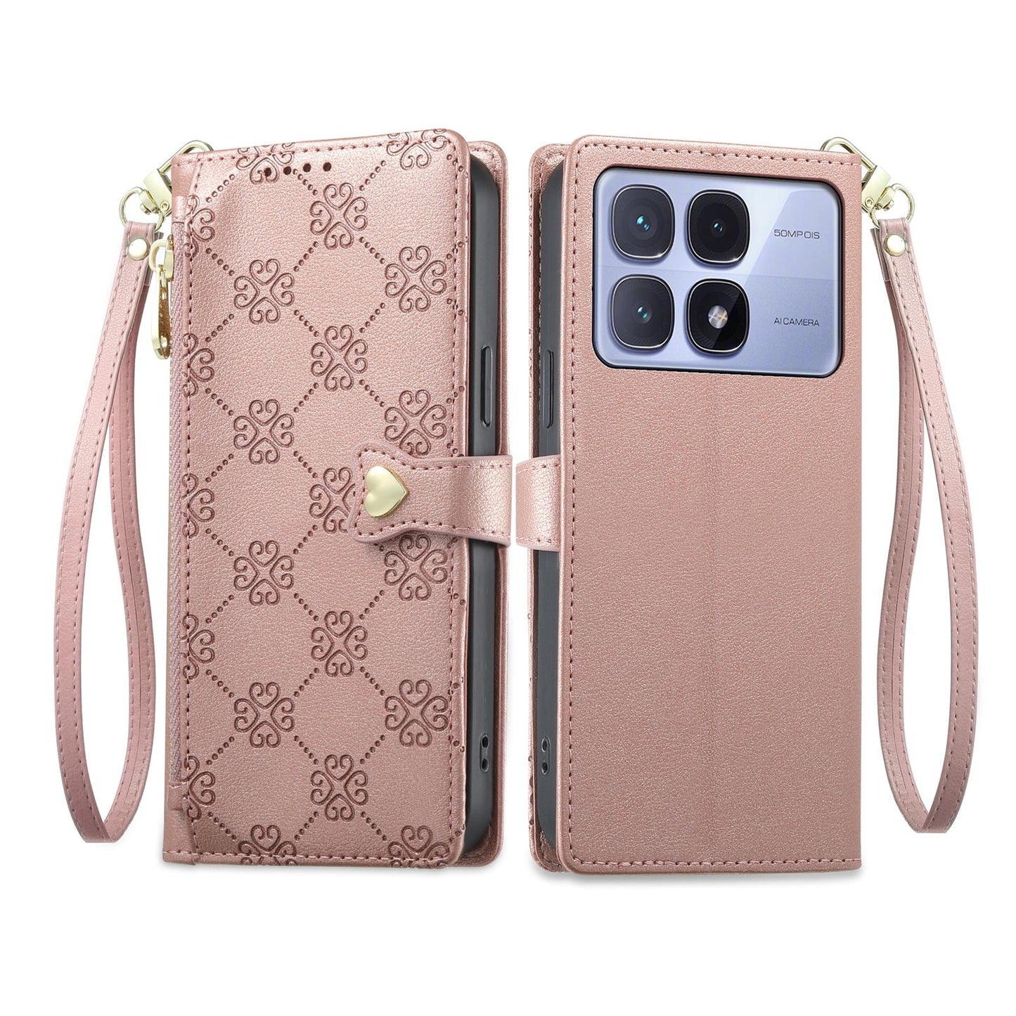 For Redmi K70 Ultra Zipper Wallet Heart Buckle Vegan Leather Phone Case with Wrist Strap(Pink)