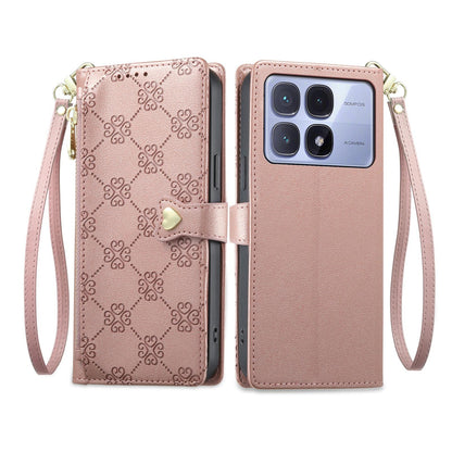 For Redmi K70 Ultra Zipper Wallet Heart Buckle Vegan Leather Phone Case with Wrist Strap(Pink)