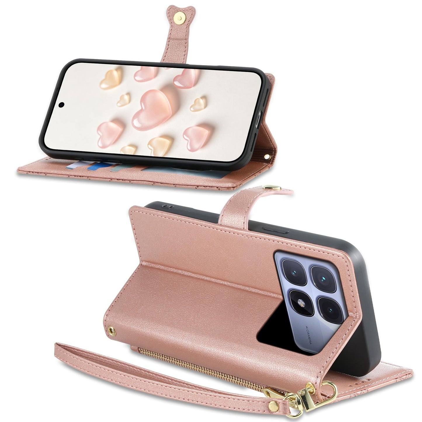 For Redmi K70 Ultra Zipper Wallet Heart Buckle Vegan Leather Phone Case with Wrist Strap(Pink)