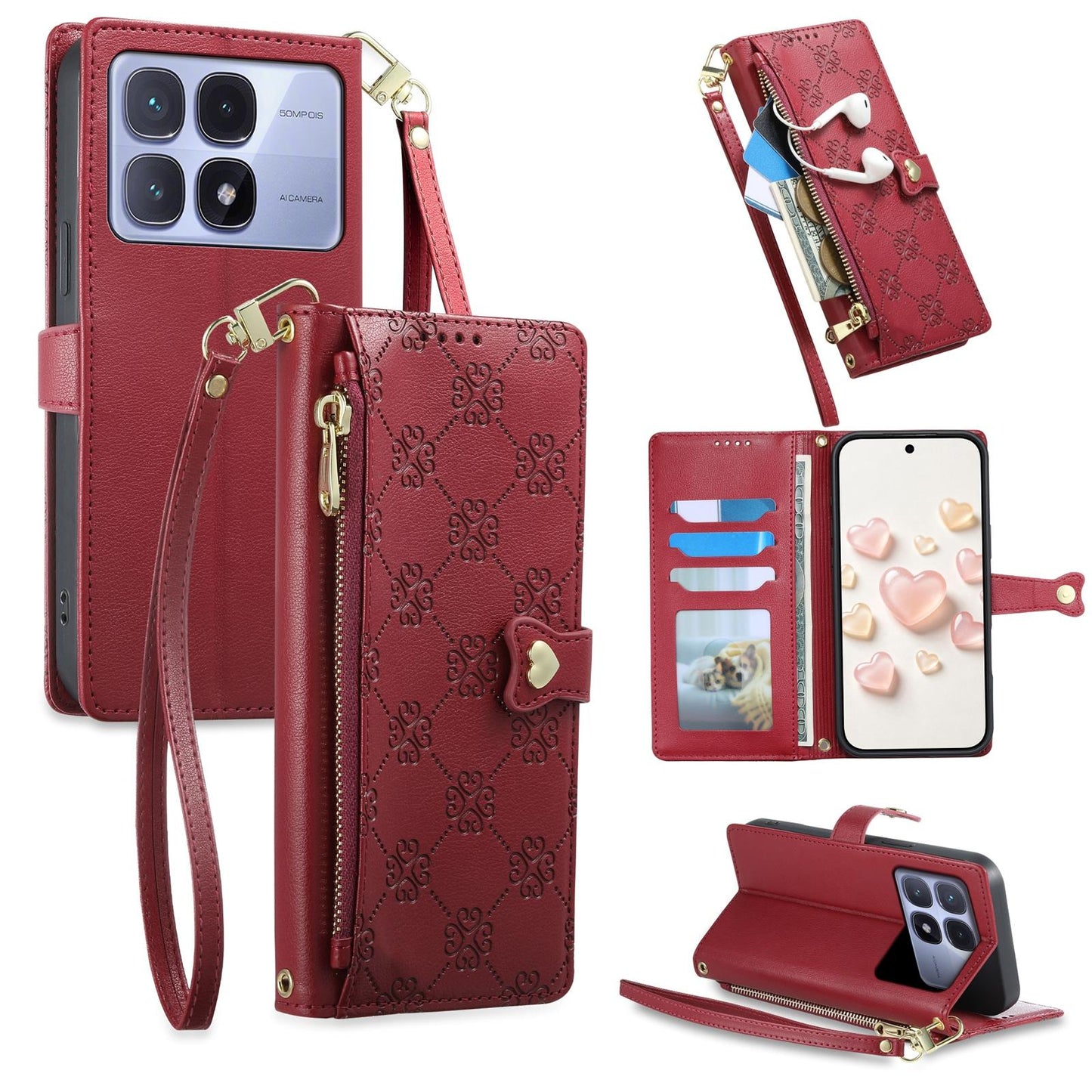 For Redmi K70 Ultra Zipper Wallet Heart Buckle Vegan Leather Phone Case with Wrist Strap(Red)