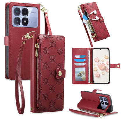 For Redmi K70 Ultra Zipper Wallet Heart Buckle Vegan Leather Phone Case with Wrist Strap(Red)