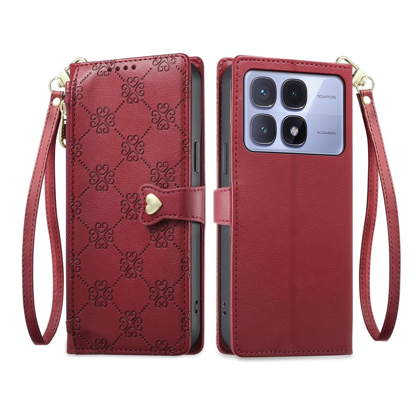 For Redmi K70 Ultra Zipper Wallet Heart Buckle Vegan Leather Phone Case with Wrist Strap(Red)