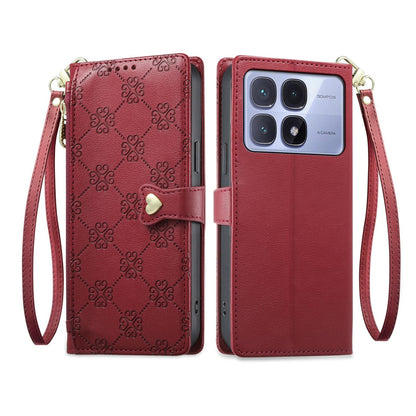 For Redmi K70 Ultra Zipper Wallet Heart Buckle Vegan Leather Phone Case with Wrist Strap(Red)