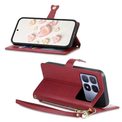 For Redmi K70 Ultra Zipper Wallet Heart Buckle Vegan Leather Phone Case with Wrist Strap(Red)