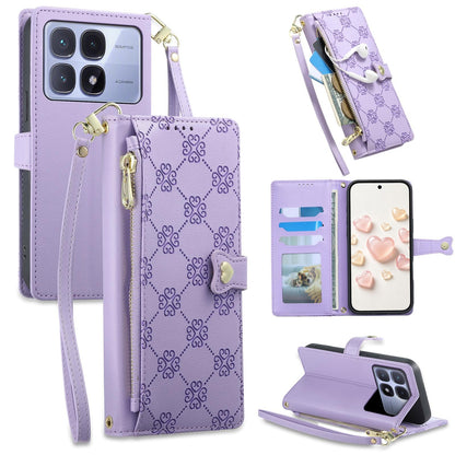 For Redmi K70 Ultra Zipper Wallet Heart Buckle Vegan Leather Phone Case with Wrist Strap(Purple)