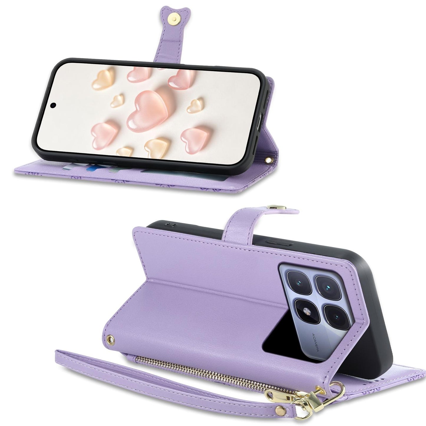 For Redmi K70 Ultra Zipper Wallet Heart Buckle Vegan Leather Phone Case with Wrist Strap(Purple)
