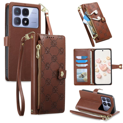 For Redmi K70 Ultra Zipper Wallet Heart Buckle Vegan Leather Phone Case with Wrist Strap(Brown)