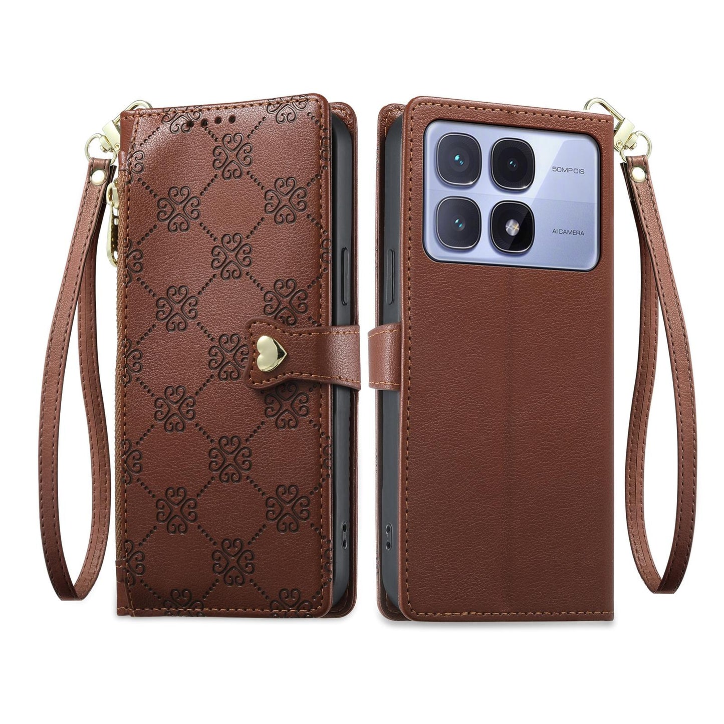 For Redmi K70 Ultra Zipper Wallet Heart Buckle Vegan Leather Phone Case with Wrist Strap(Brown)