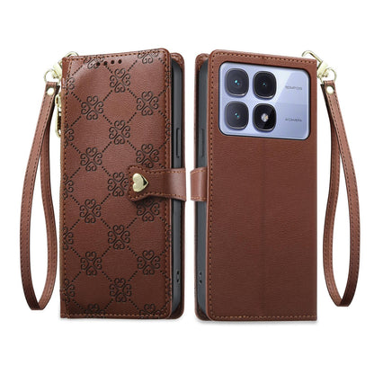 For Redmi K70 Ultra Zipper Wallet Heart Buckle Vegan Leather Phone Case with Wrist Strap(Brown)
