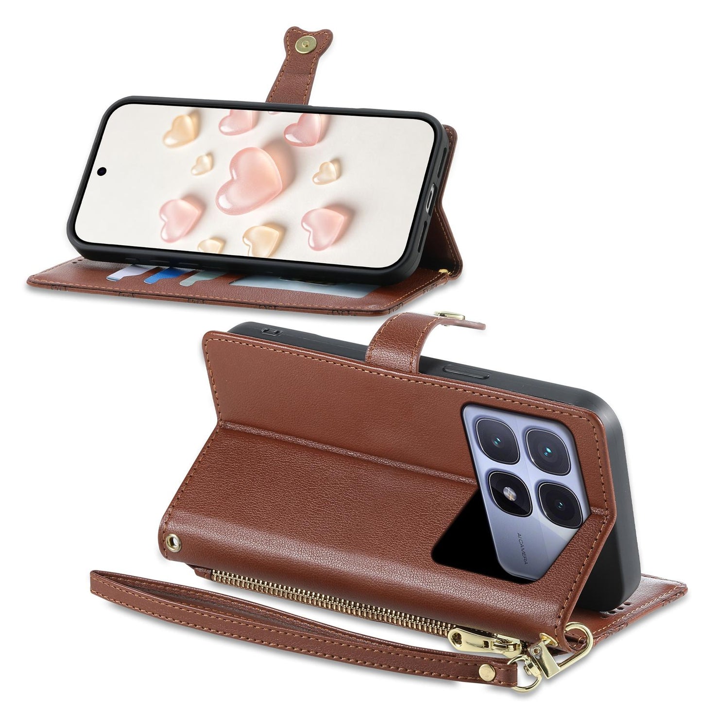 For Redmi K70 Ultra Zipper Wallet Heart Buckle Vegan Leather Phone Case with Wrist Strap(Brown)