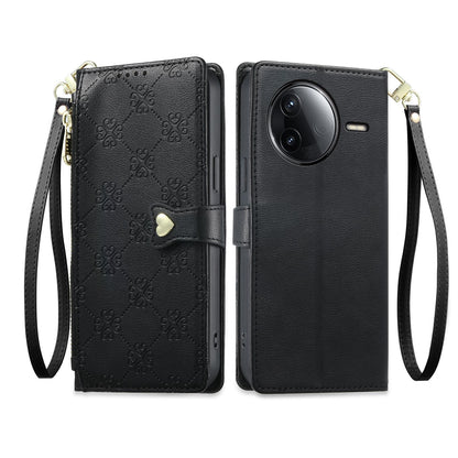 For Redmi K80 / K80 Pro / Poco F7 Pro Zipper Wallet Heart Buckle Vegan Leather Phone Case with Wrist Strap(Black)