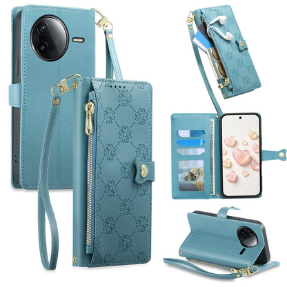For Redmi K80 / K80 Pro / Poco F7 Pro Zipper Wallet Heart Buckle Vegan Leather Phone Case with Wrist Strap(Lake Blue)