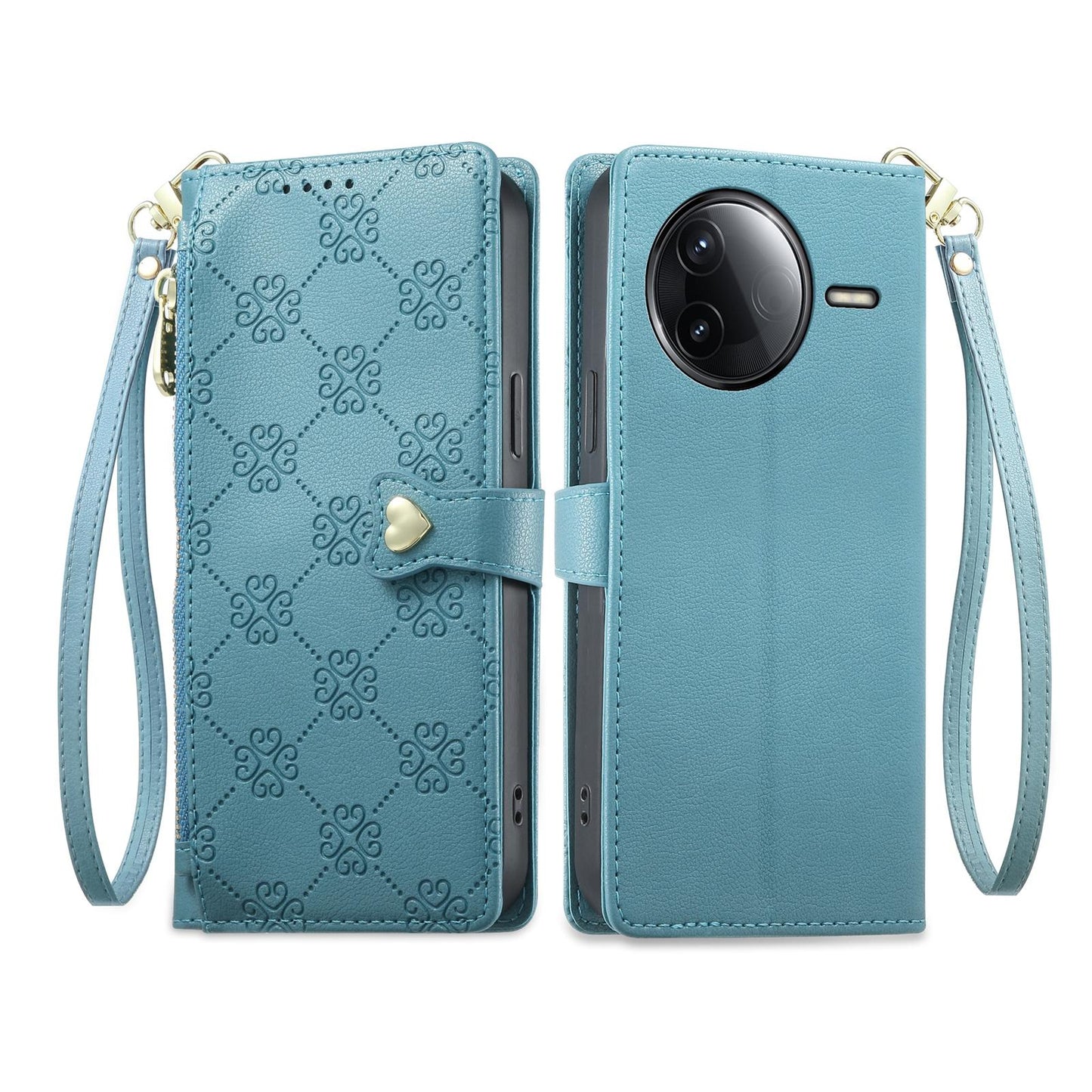 For Redmi K80 / K80 Pro / Poco F7 Pro Zipper Wallet Heart Buckle Vegan Leather Phone Case with Wrist Strap(Lake Blue)