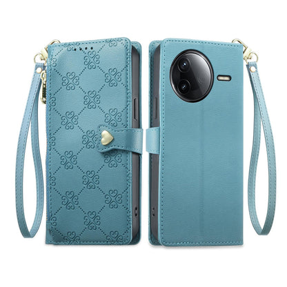 For Redmi K80 / K80 Pro / Poco F7 Pro Zipper Wallet Heart Buckle Vegan Leather Phone Case with Wrist Strap(Lake Blue)
