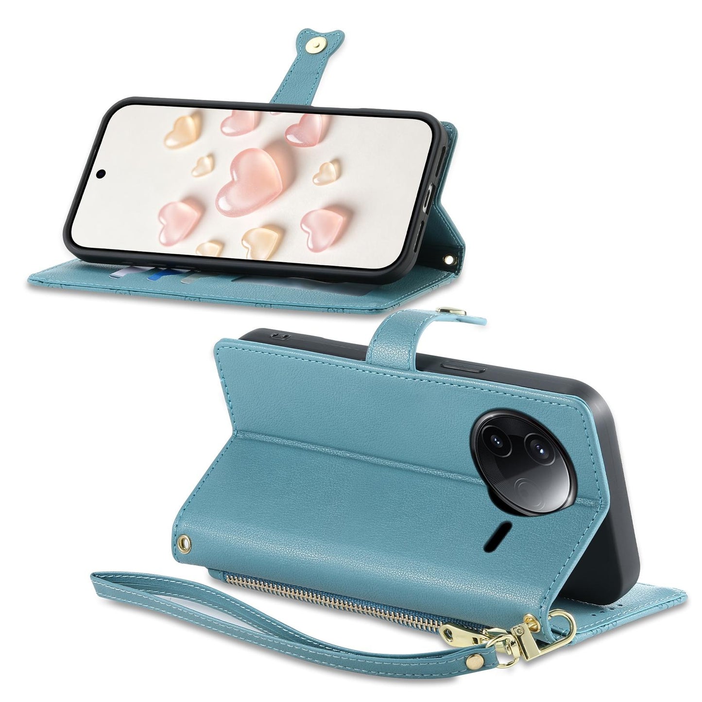 For Redmi K80 / K80 Pro / Poco F7 Pro Zipper Wallet Heart Buckle Vegan Leather Phone Case with Wrist Strap(Lake Blue)