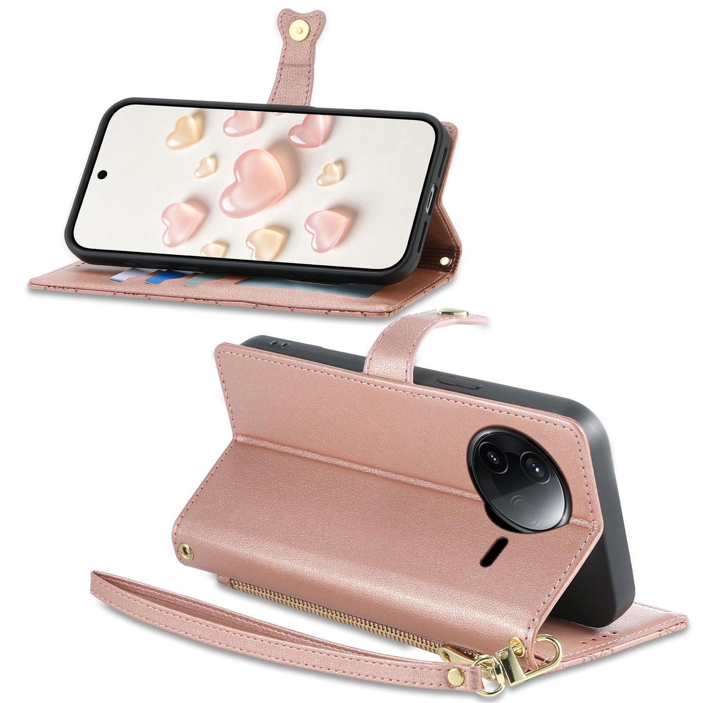 For Redmi K80 / K80 Pro / Poco F7 Pro Zipper Wallet Heart Buckle Vegan Leather Phone Case with Wrist Strap(Pink)