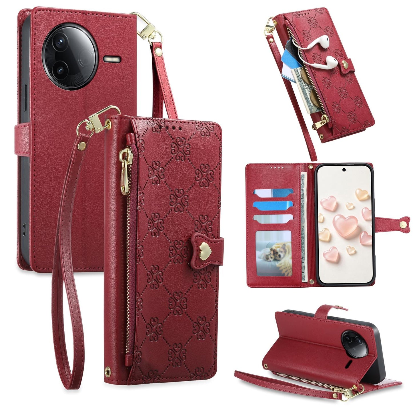 For Redmi K80 / K80 Pro / Poco F7 Pro Zipper Wallet Heart Buckle Vegan Leather Phone Case with Wrist Strap(Red)