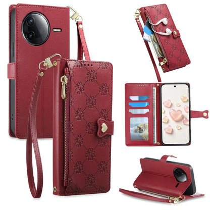 For Redmi K80 / K80 Pro / Poco F7 Pro Zipper Wallet Heart Buckle Vegan Leather Phone Case with Wrist Strap(Red)
