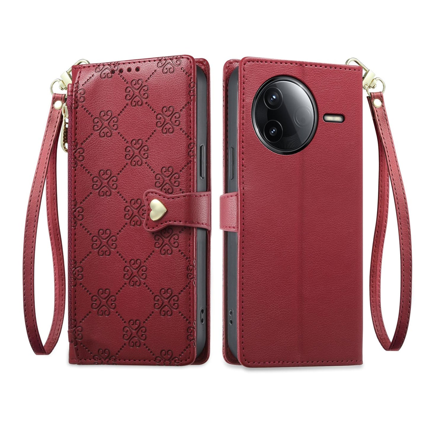 For Redmi K80 / K80 Pro / Poco F7 Pro Zipper Wallet Heart Buckle Vegan Leather Phone Case with Wrist Strap(Red)