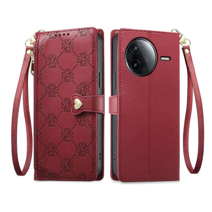 For Redmi K80 / K80 Pro / Poco F7 Pro Zipper Wallet Heart Buckle Vegan Leather Phone Case with Wrist Strap(Red)