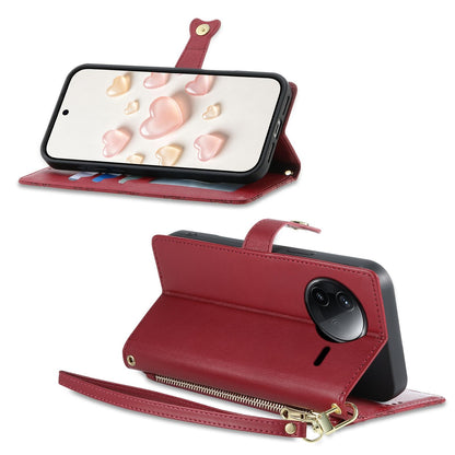 For Redmi K80 / K80 Pro / Poco F7 Pro Zipper Wallet Heart Buckle Vegan Leather Phone Case with Wrist Strap(Red)