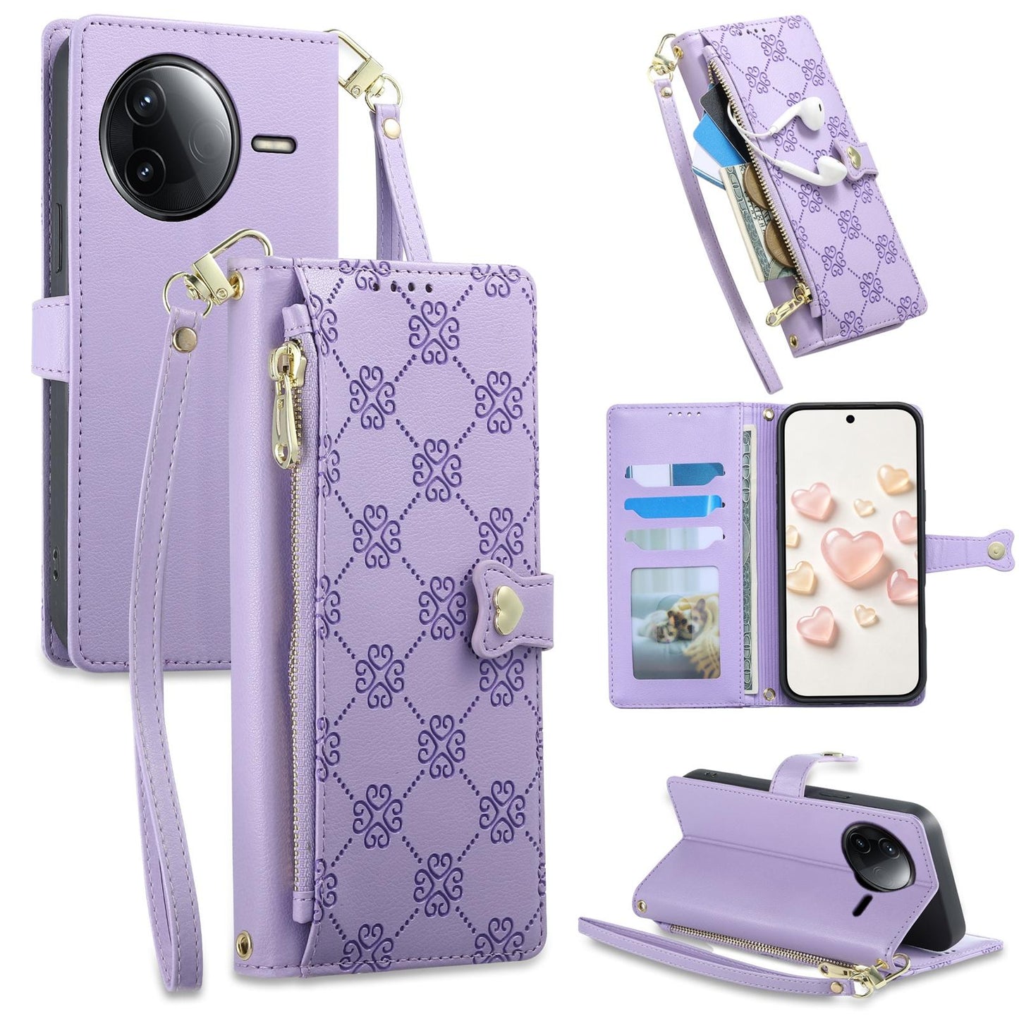 For Redmi K80 / K80 Pro / Poco F7 Pro Zipper Wallet Heart Buckle Vegan Leather Phone Case with Wrist Strap(Purple)