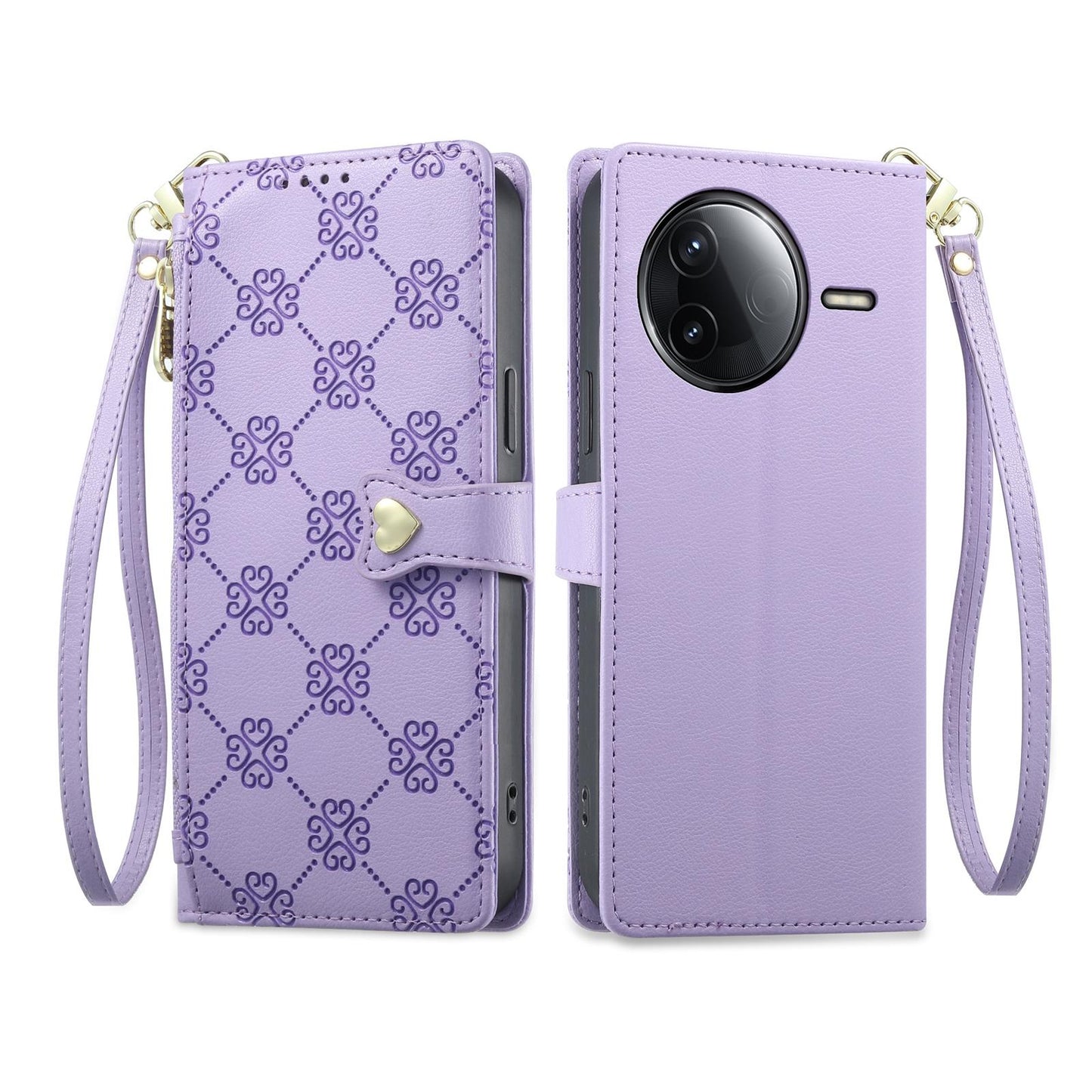 For Redmi K80 / K80 Pro / Poco F7 Pro Zipper Wallet Heart Buckle Vegan Leather Phone Case with Wrist Strap(Purple)