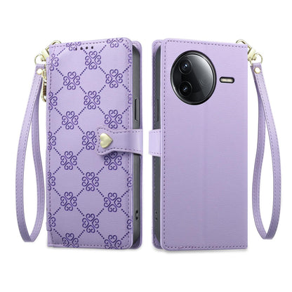 For Redmi K80 / K80 Pro / Poco F7 Pro Zipper Wallet Heart Buckle Vegan Leather Phone Case with Wrist Strap(Purple)