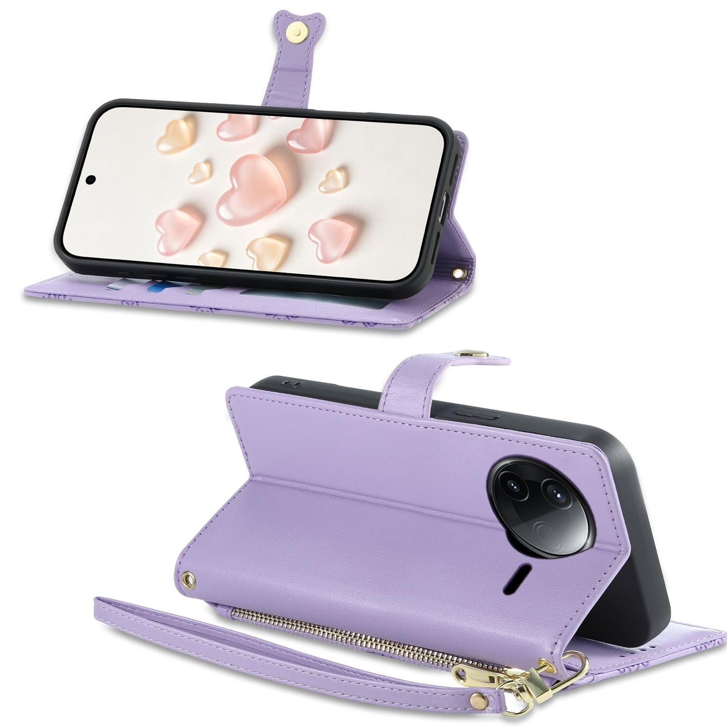For Redmi K80 / K80 Pro / Poco F7 Pro Zipper Wallet Heart Buckle Vegan Leather Phone Case with Wrist Strap(Purple)