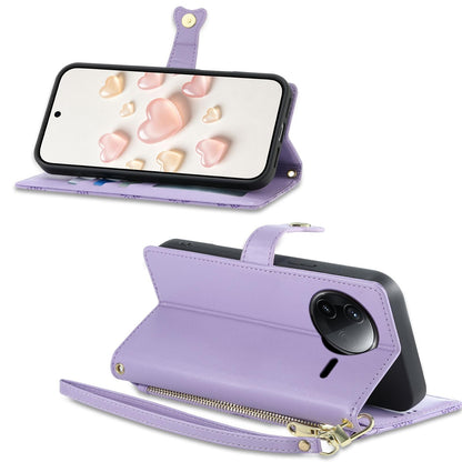 For Redmi K80 / K80 Pro / Poco F7 Pro Zipper Wallet Heart Buckle Vegan Leather Phone Case with Wrist Strap(Purple)