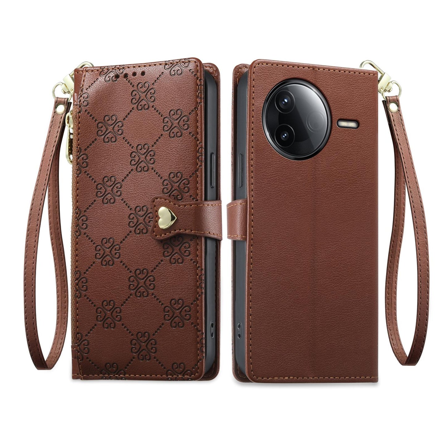 For Redmi K80 / K80 Pro / Poco F7 Pro Zipper Wallet Heart Buckle Vegan Leather Phone Case with Wrist Strap(Brown)
