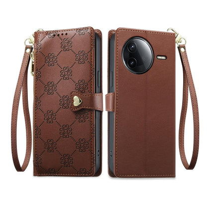 For Redmi K80 / K80 Pro / Poco F7 Pro Zipper Wallet Heart Buckle Vegan Leather Phone Case with Wrist Strap(Brown)