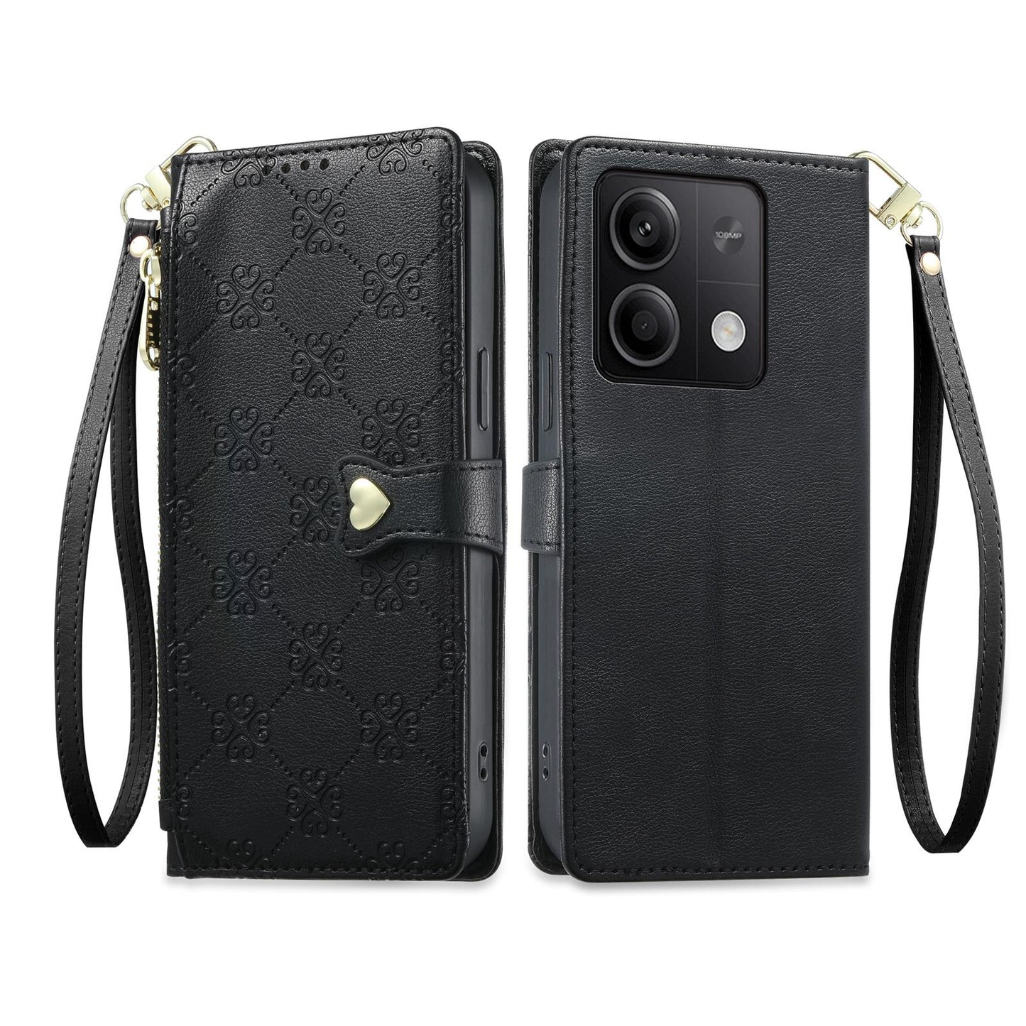 For Redmi Note 13 5G Zipper Wallet Heart Buckle Vegan Leather Phone Case with Wrist Strap(Black)