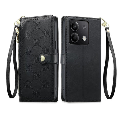 For Redmi Note 13 5G Zipper Wallet Heart Buckle Vegan Leather Phone Case with Wrist Strap(Black)