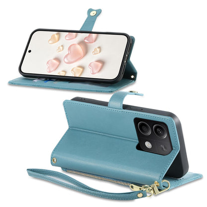 For Redmi Note 13 5G Zipper Wallet Heart Buckle Vegan Leather Phone Case with Wrist Strap(Lake Blue)