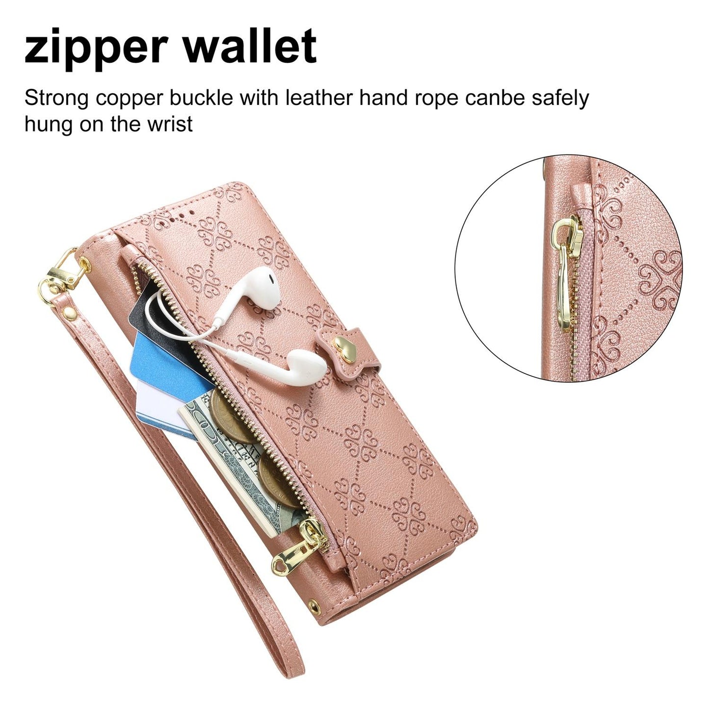 For Redmi Note 13 5G Zipper Wallet Heart Buckle Vegan Leather Phone Case with Wrist Strap(Pink)