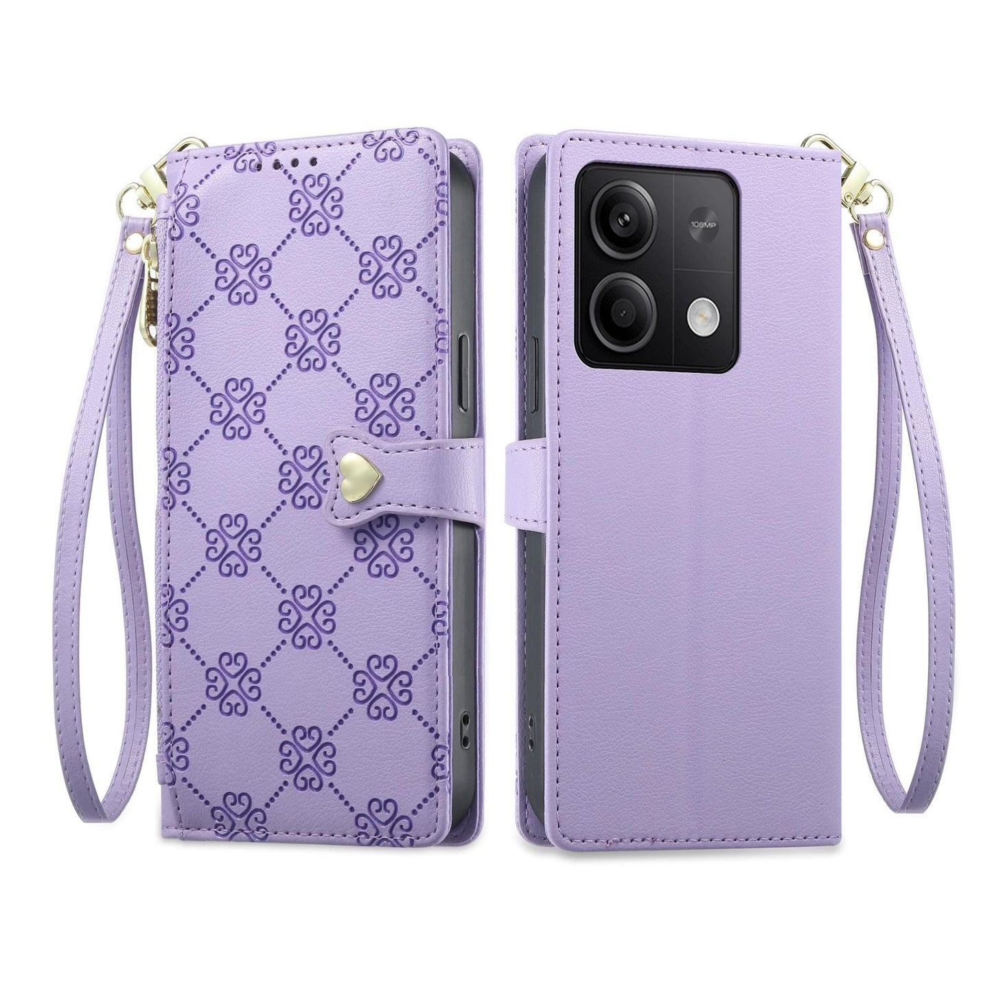 For Redmi Note 13 5G Zipper Wallet Heart Buckle Vegan Leather Phone Case with Wrist Strap(Purple)